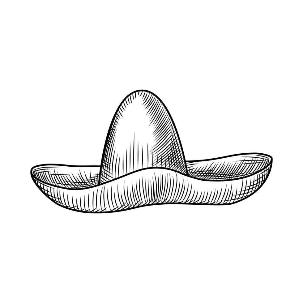 chapéu de sombrero desenhado à mão isolado no fundo branco. estilo gravado vintage. vetor