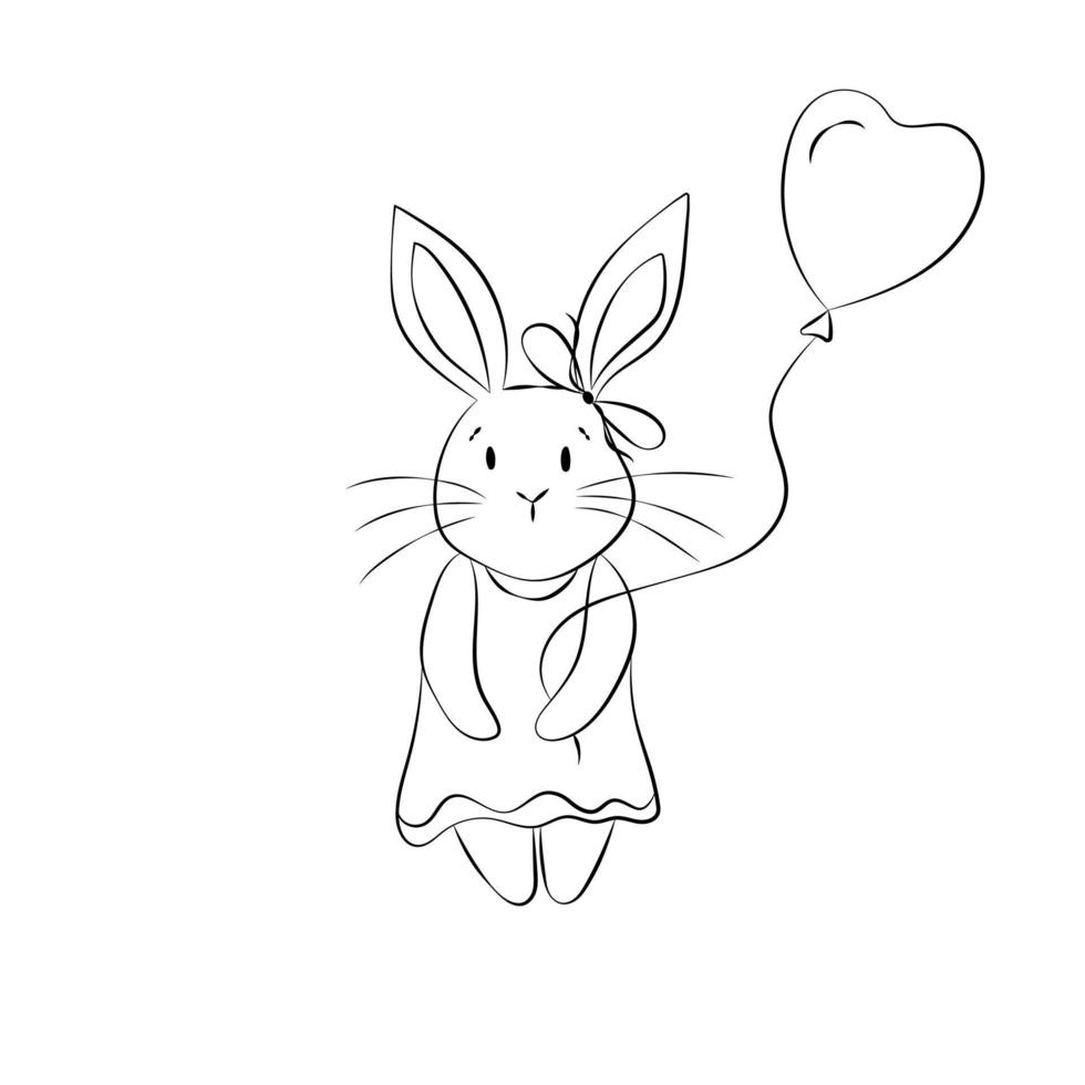 coelhinho fofo com um balão feliz páscoa ou saudações de dia dos namorados desenho em estilo doodle vetor
