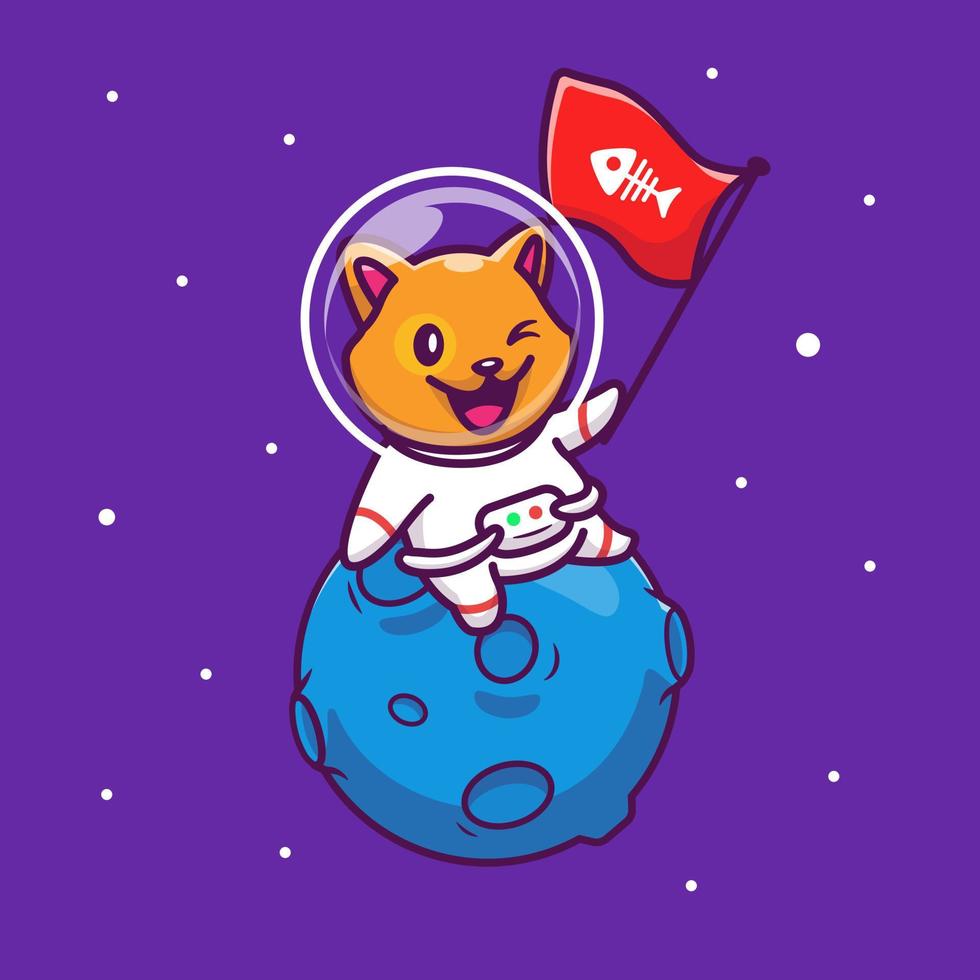 astronauta de gato bonito sentado na lua com ilustração de ícone de vetor de desenho de bandeira de peixe de osso. animal tecnologia ícone conceito isolado vetor premium. estilo cartoon plana.