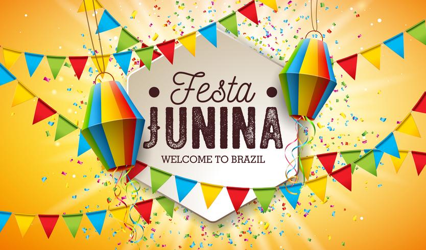 Ilustração de Festa Junina com bandeiras do partido e lanterna de papel no fundo amarelo. Vector Brazil June Festival Design