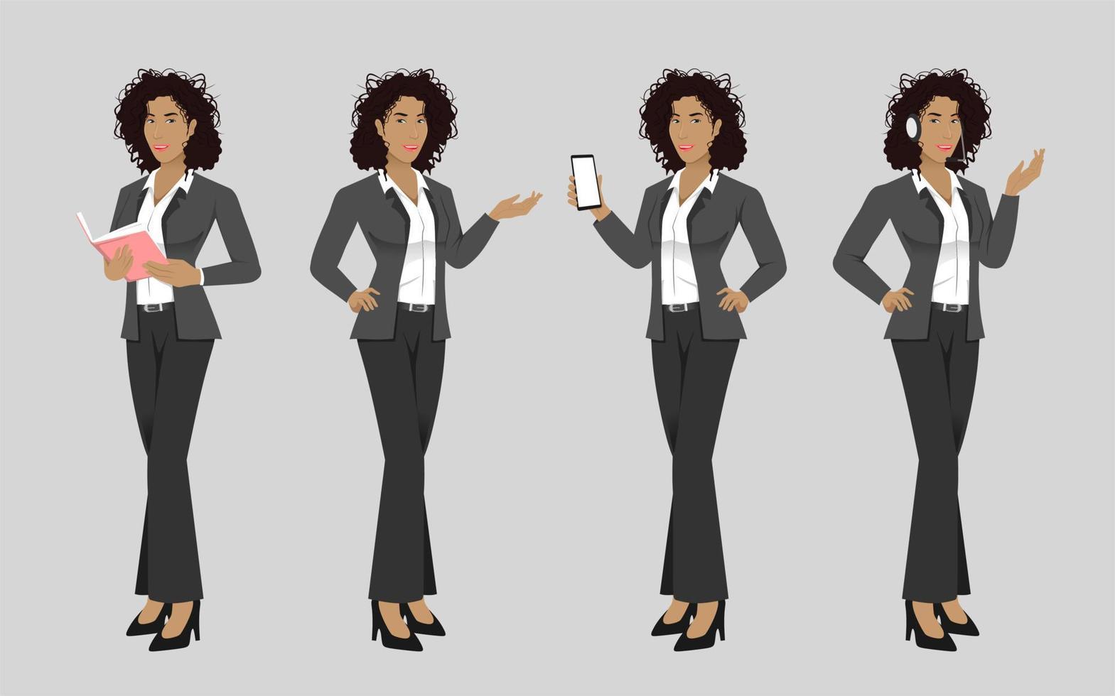 mulher de negócios elegante com penteado afro em poses diferentes ilustração vetorial isolada vetor
