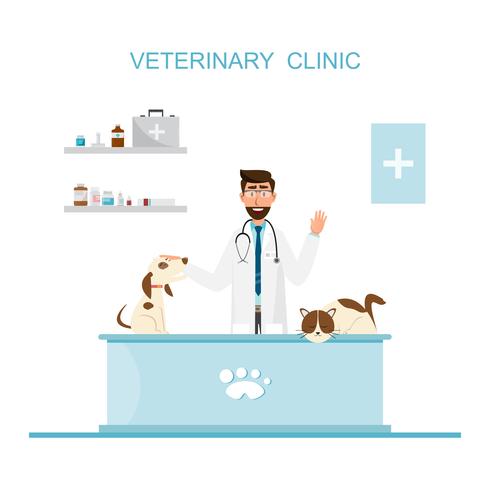 Veterinário e médico com animal de estimação no balcão na clínica veterinária. vetor