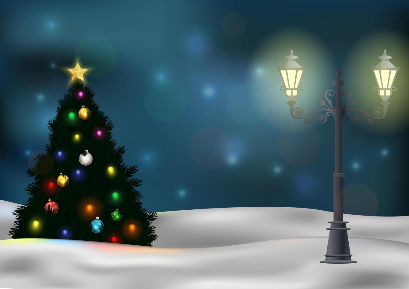 árvore de natal e poste de luz em fundo de inverno vetor