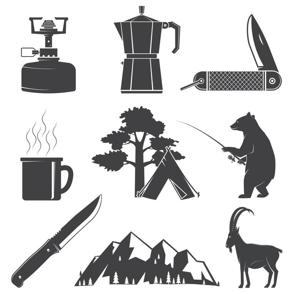 conjunto de ícones de caminhadas e camping isolados no fundo branco. vetor. conjunto inclui urso de pesca, montanhas, faca, barraca, xícara, café, cabra, fogão a gás e silhueta da floresta vetor
