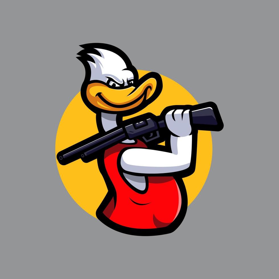 ilustração de pato carregando um rifle vestindo uma camiseta com o sol ao fundo vetor