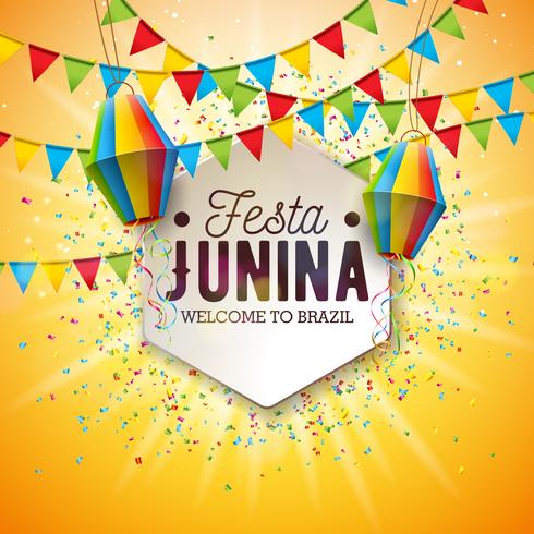 Ilustração de Festa Junina com bandeiras do partido e lanterna de papel no fundo amarelo. Vector Brazil June Festival Design