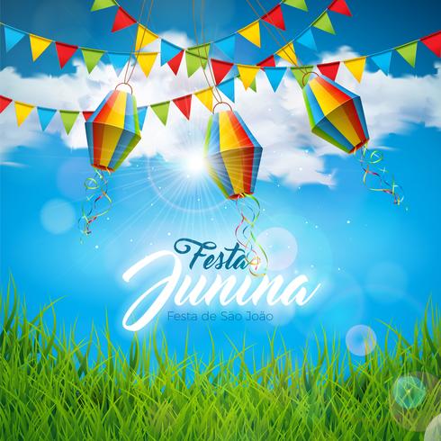 Ilustração de Festa Junina com bandeiras do partido e lanterna de papel no fundo azul do céu nebuloso. Vector Brazil June Festival Design