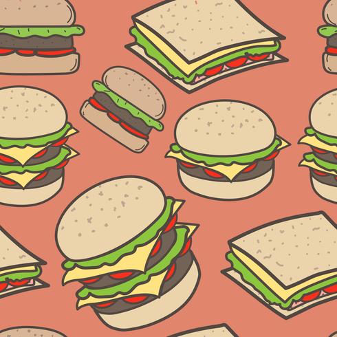 Fundo tirado mão do fast food e dos hamburgueres do teste padrão. Ilustração vetorial. vetor