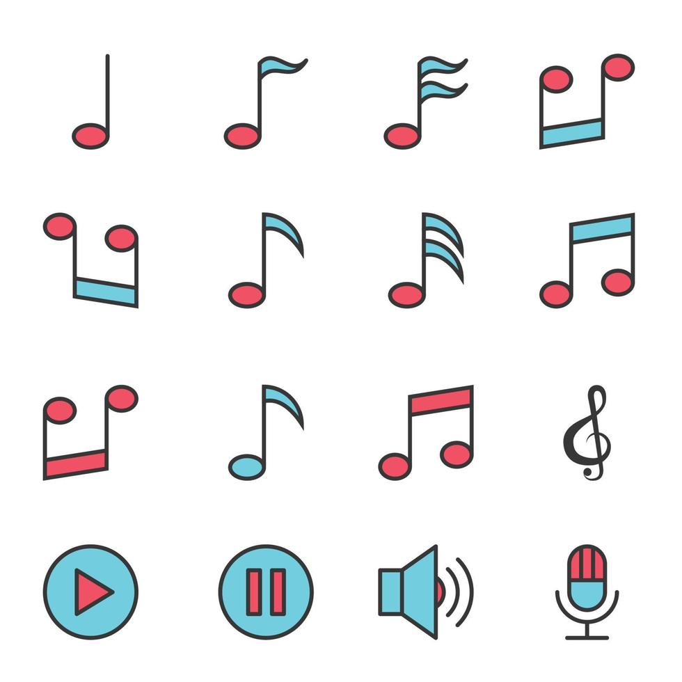 vetor de ícones de nota de música, conjunto simples de design perfeito de símbolo para uso no relatório de logotipo de infográficos do site, ilustração vetorial de linha de cor