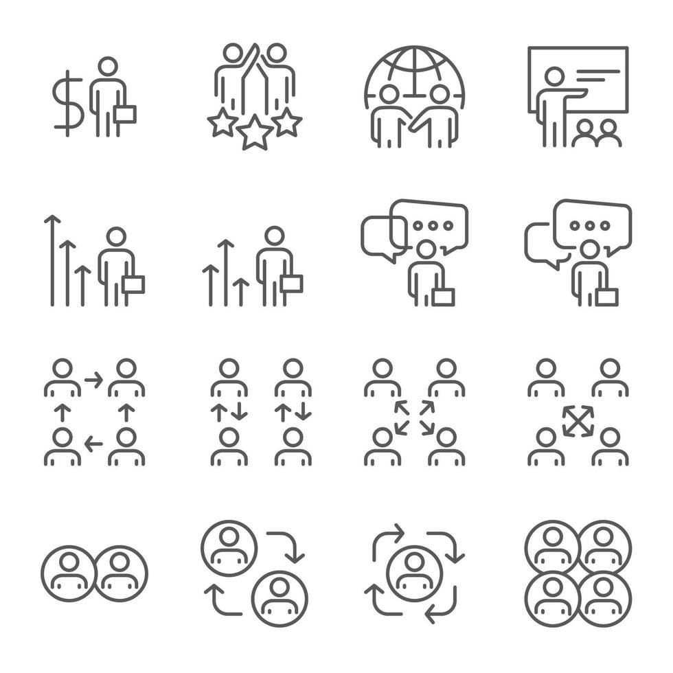 conjunto de linha de vetor de ícones de pessoas, negócios, trabalho em equipe, grupo, pessoa, reunião