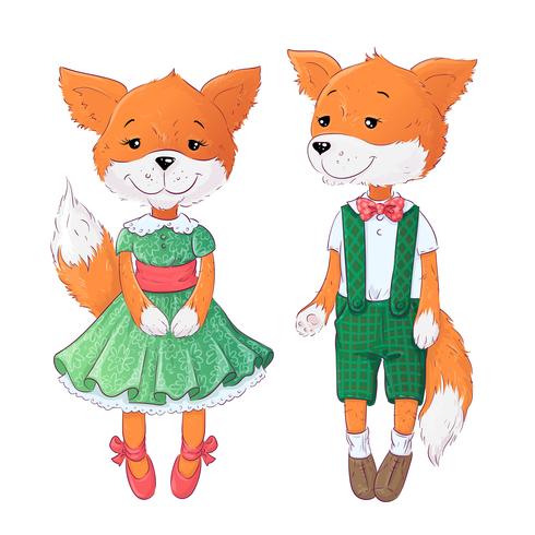 Conjunto de raposa e raposa. Mão, desenho, vetorial, ilustração vetor