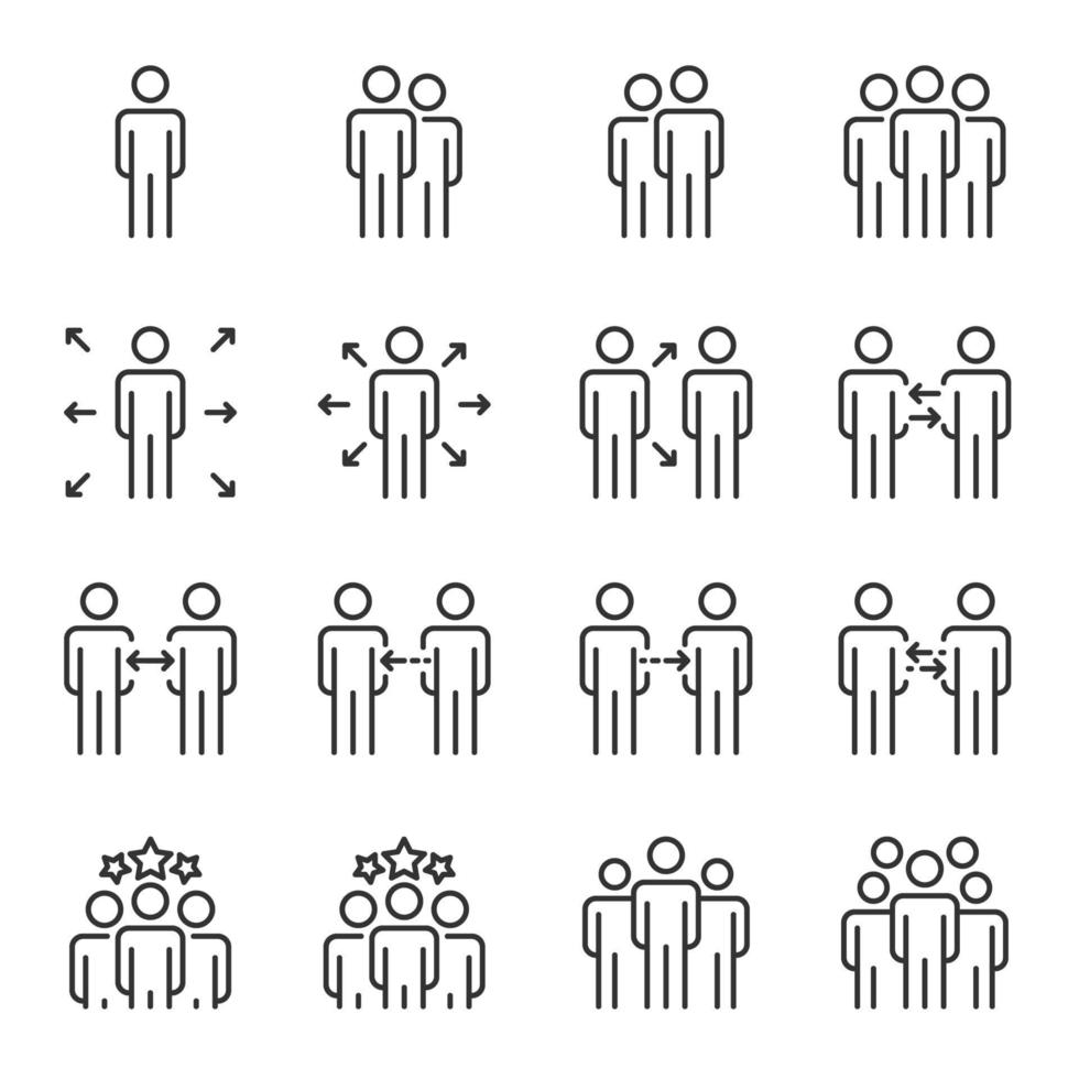 conjunto de linha de vetor de ícones de pessoas, negócios, trabalho em equipe, grupo, pessoa, reunião