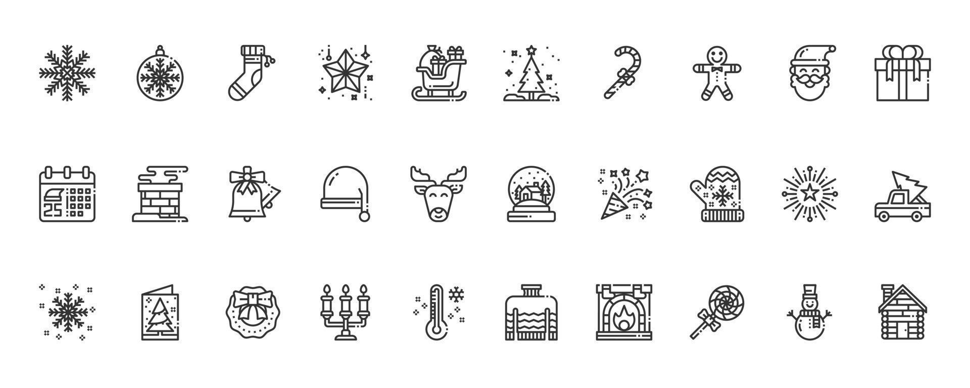conjunto simples de ilustração vetorial de linha de ícones de natal online, floco de neve, doces, trenó, dia de natal vetor