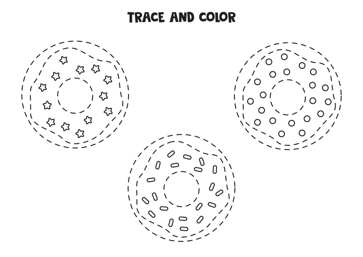 trace e pinte rosquinhas fofas. planilha para meninas. vetor