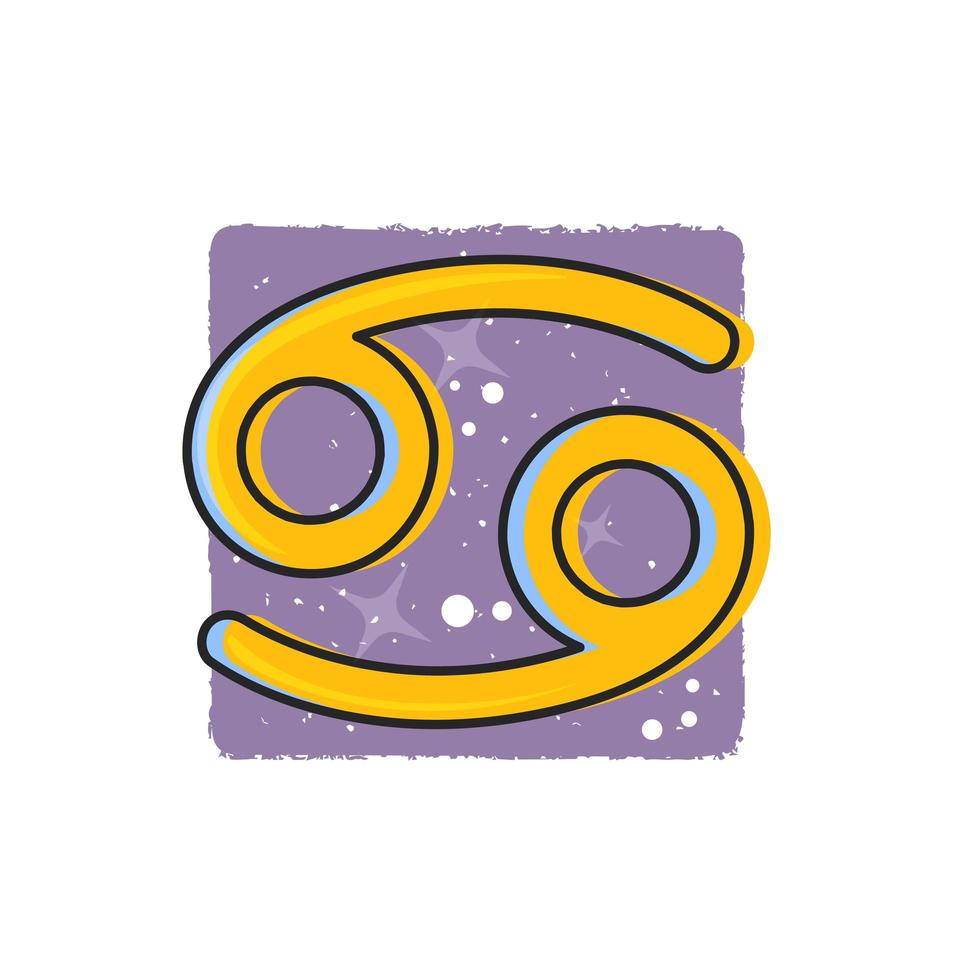 câncer do signo do zodíaco. signos do zodíaco. símbolo amarelo dos desenhos animados no fundo roxo vetor