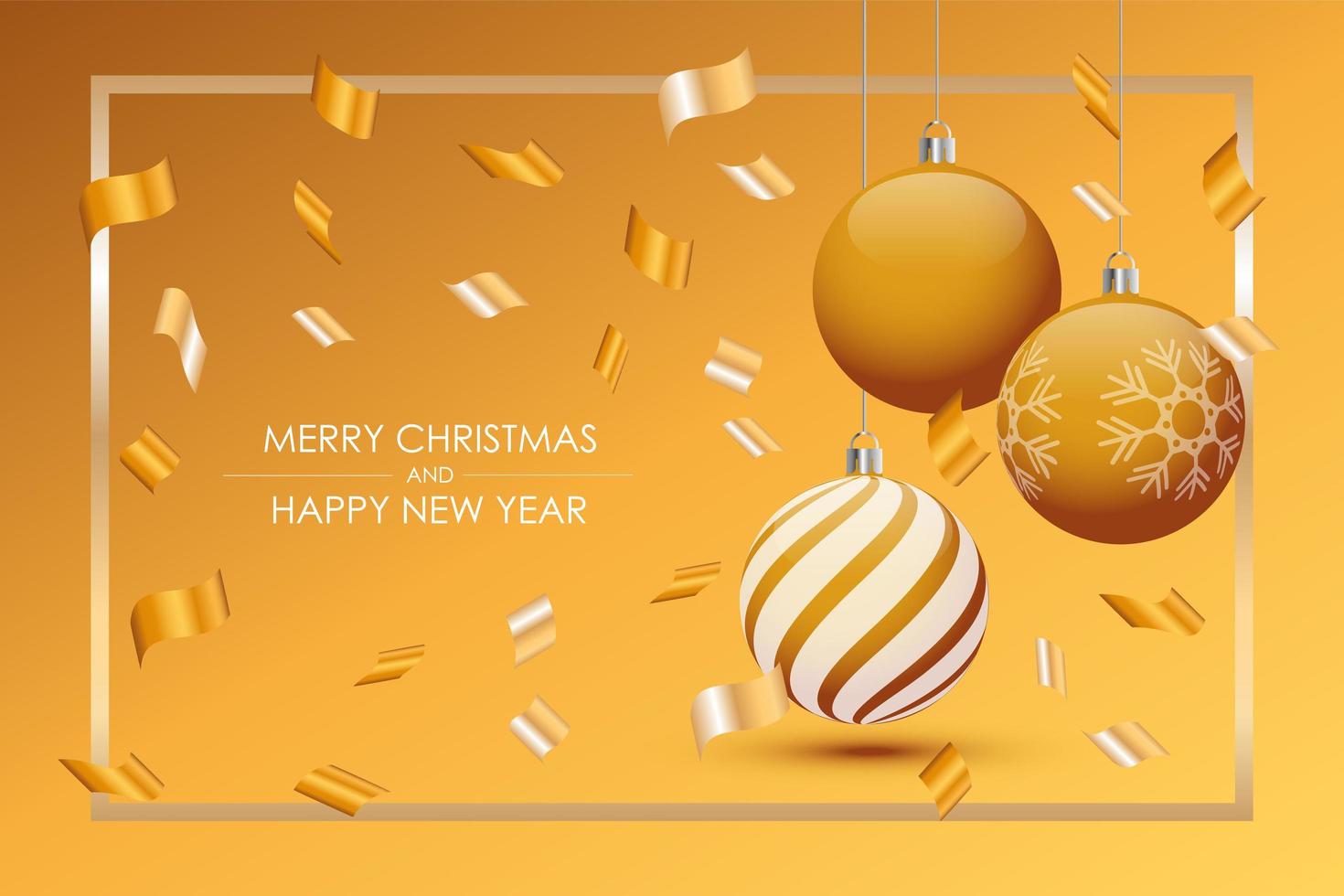 feliz natal e feliz ano novo cartão com bolas de ouro. vetor