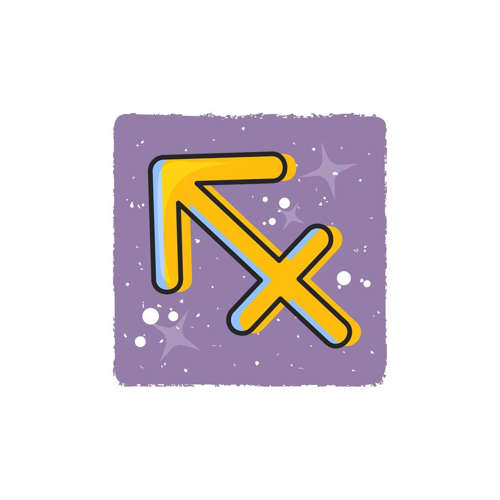 sagitário - signos do zodíaco. símbolo amarelo dos desenhos animados no fundo roxo vetor