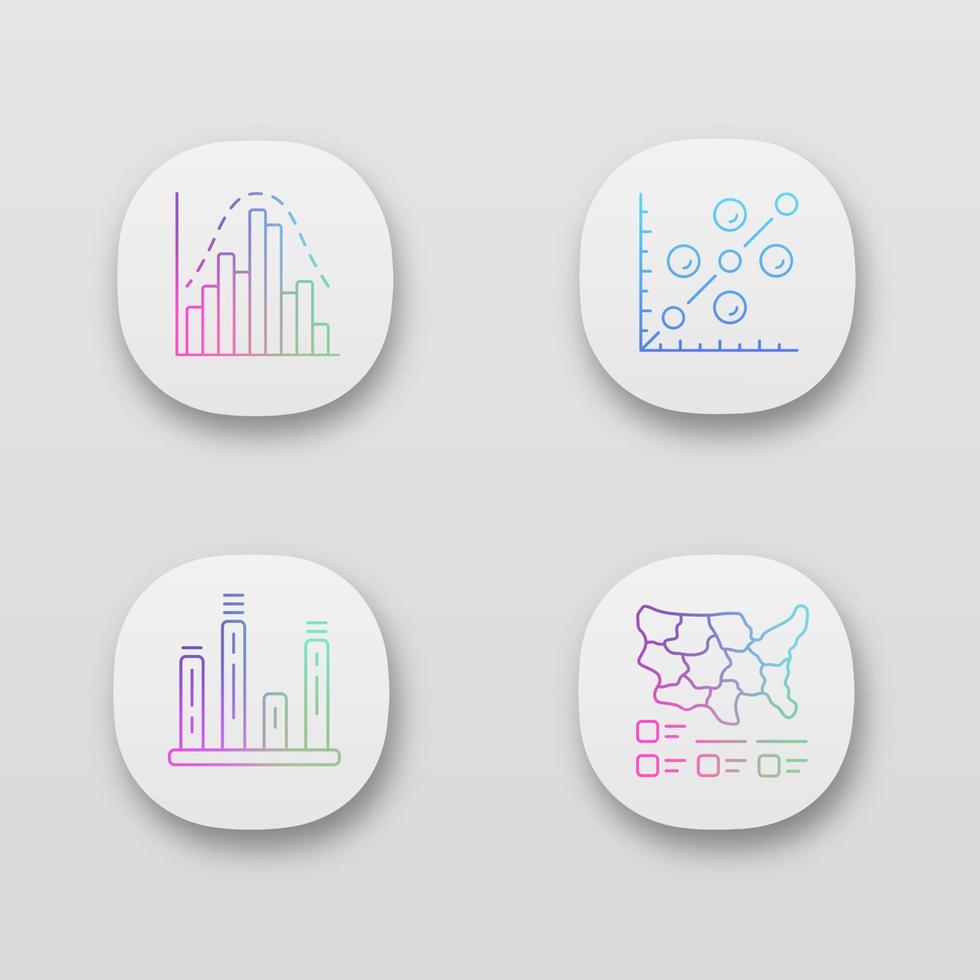 conjunto de ícones de aplicativos de diagramas. histograma, gráfico de barras, gráfico de dispersão, cartograma. dados estatísticos. informações analíticas. interface de usuário ui ux. web ou aplicativos móveis. ilustrações vetoriais isoladas vetor