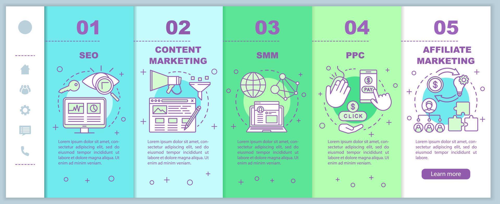 táticas de marketing digital onboarding vetor de páginas da web móvel template.seo, smm. ideia de interface de site de smartphone responsivo com ilustrações lineares. telas passo a passo da página da web. conceito de cor