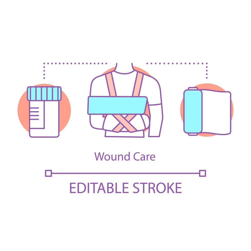 ícone do conceito de tratamento de feridas. ilustração de linha fina de ideia de saúde. fratura do braço. enfaixamento. primeiro socorro. socorro emergencial. reabilitação. enfermagem. desenho de contorno isolado de vetor. traço editável vetor