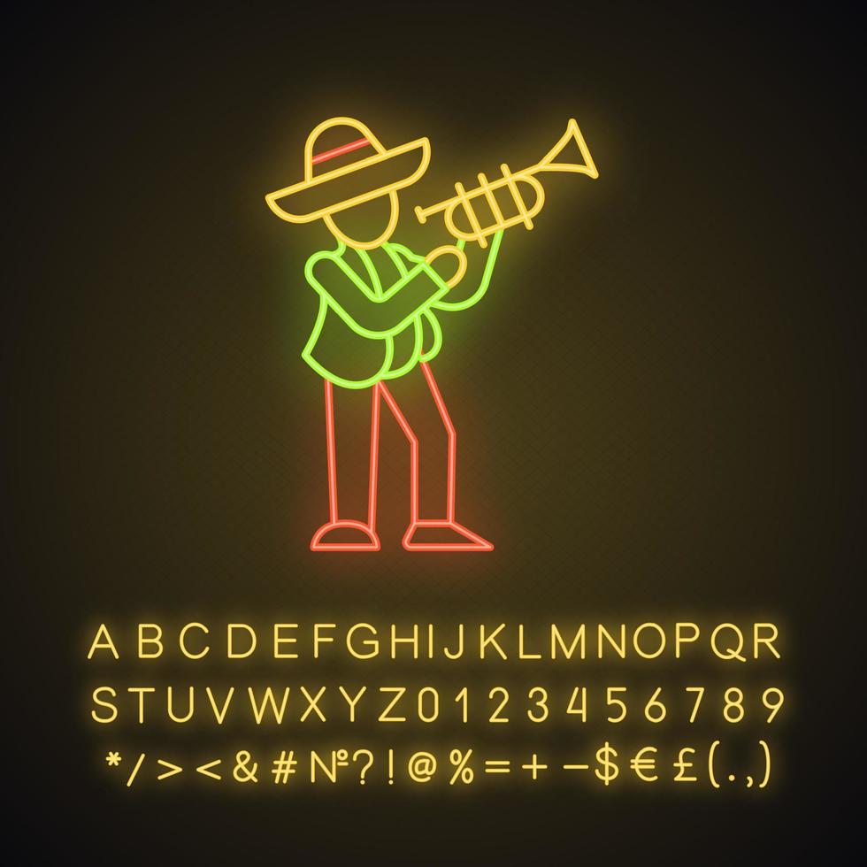 mexicano com ícone de luz neon de trompete. músico latino. trompetista no sombrero. sinal brilhante com alfabeto, números e símbolos. ilustração vetorial isolada vetor