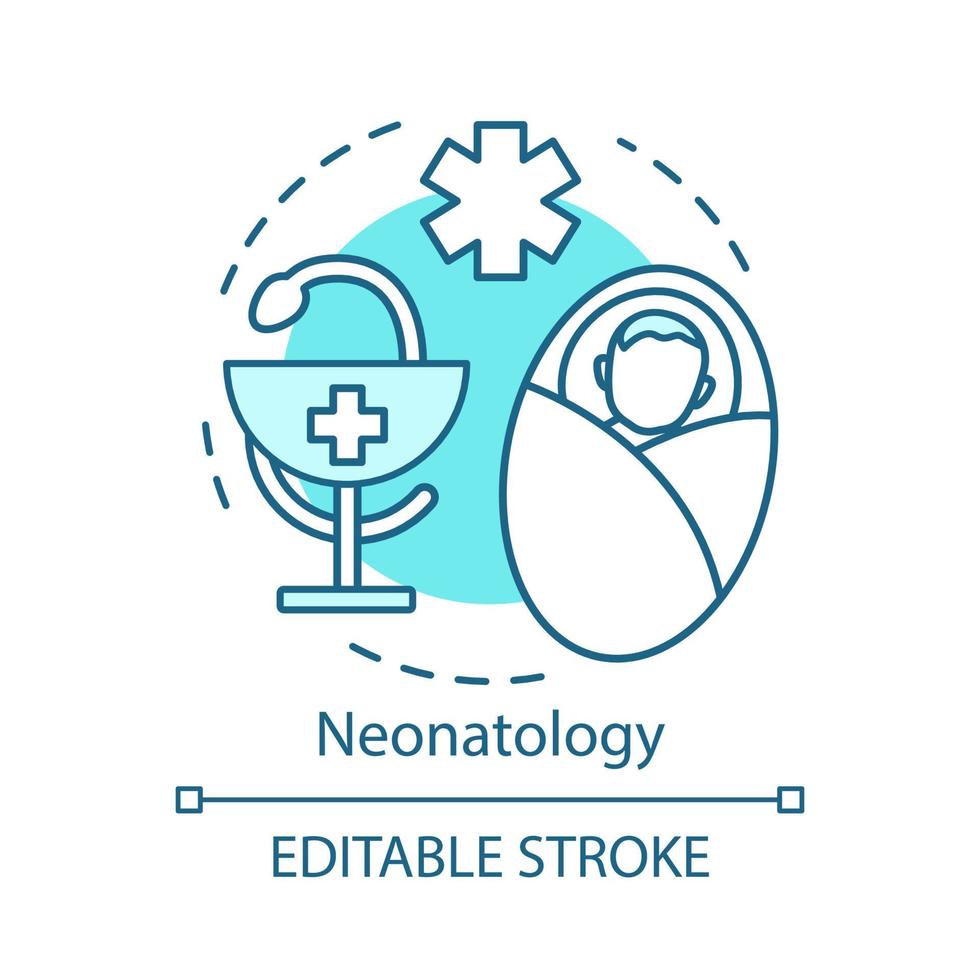 ícone do conceito de neonatologia. ressuscitação neonatal. clínica pediátrica. berçário infantil. bebê check-up. ilustração de linha fina de idéia de serviço de cuidados recém-nascidos. desenho de contorno isolado de vetor. traço editável vetor