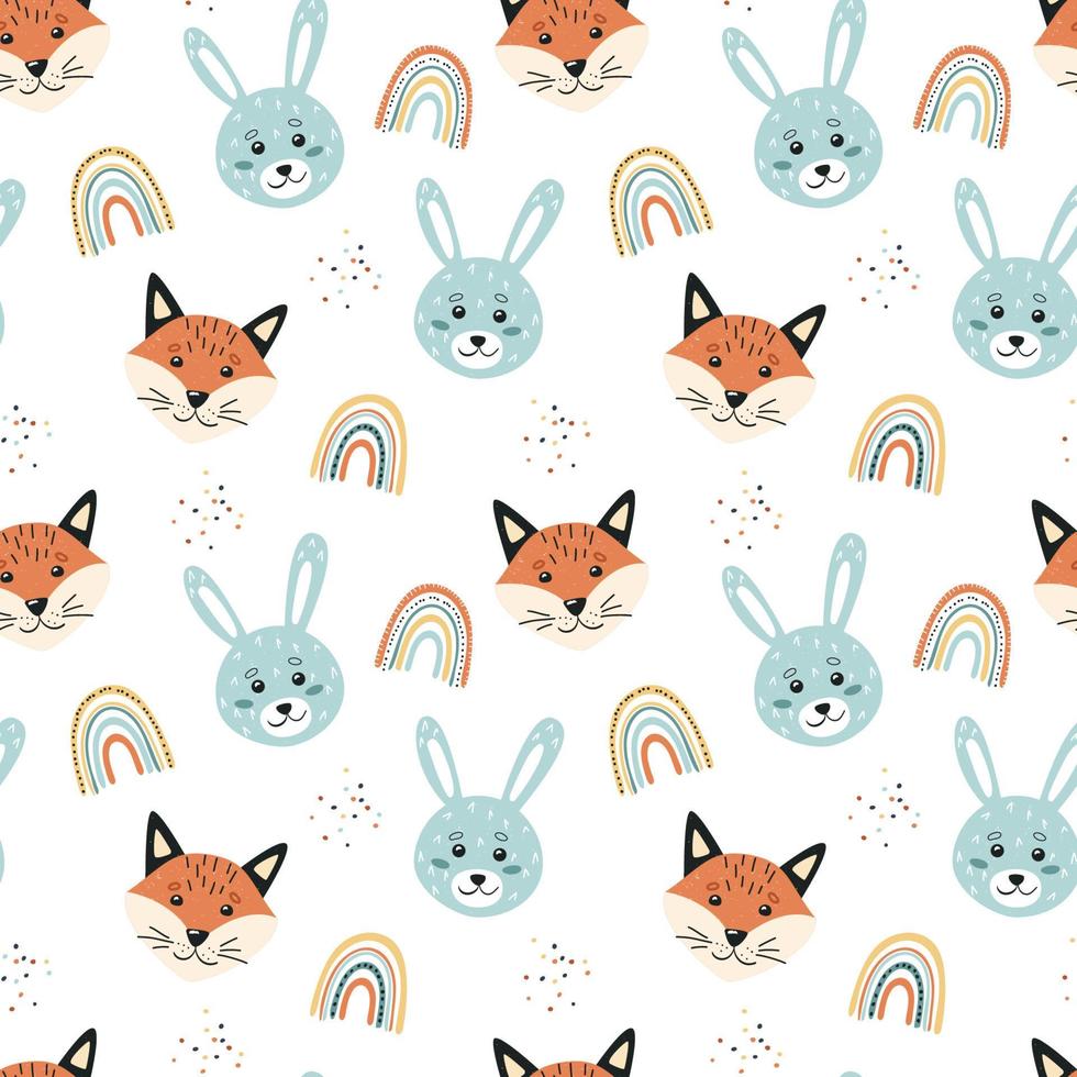 coelho, raposa e arco-íris. padrão sem emenda. estampa de bebê fofo. ilustração vetorial vetor