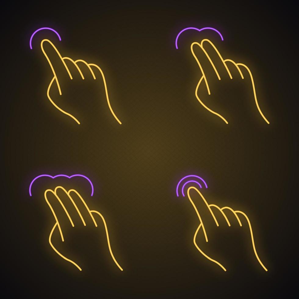 gestos de tela sensível ao toque conjunto de ícones de luz neon. toque, aponte, clique, toque duas vezes, arraste, clique duas vezes gesticulando. toque e segure. dedos humanos. sinais brilhantes. ilustrações vetoriais isoladas vetor