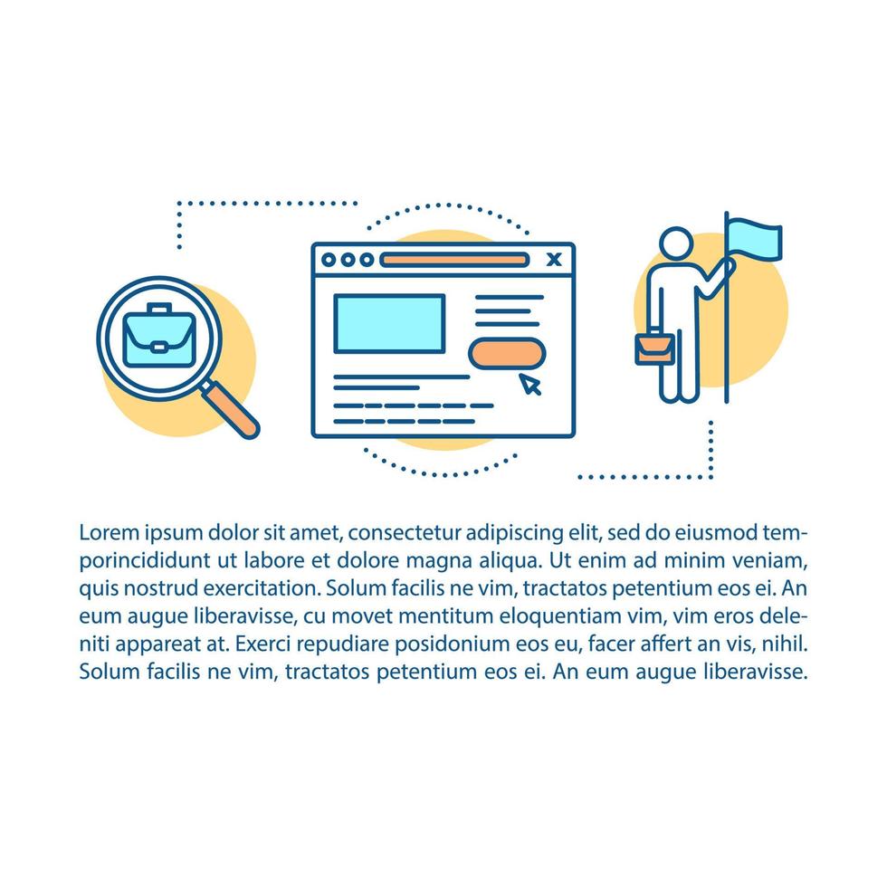 modelo de vetor de página de artigo de site de busca de emprego. brochura, revista, elemento de design de livreto com ícones lineares. emprego, design de impressão de serviço de recrutamento. ilustrações de conceito com espaço de texto