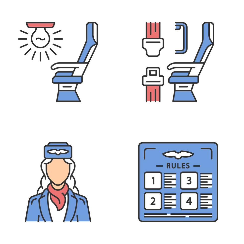 conjunto de ícones de cores de serviços de aviação. regras de voo, luz do assento, assento confortável do avião, aeromoça. segurança do jato. viagens de aeronaves. comodidade de viagem. instalações aéreas. ilustrações vetoriais isoladas vetor