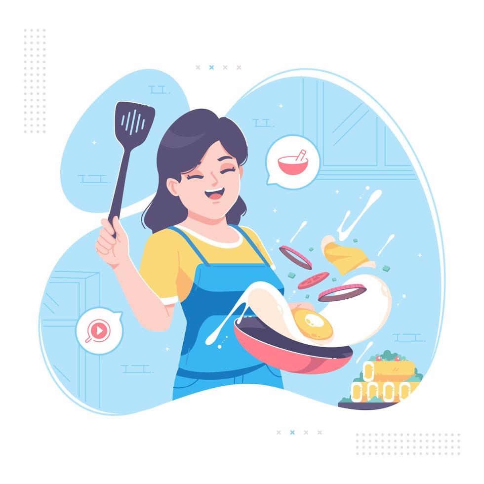 fundo de cozinha de personagem de dona de casa feliz vetor