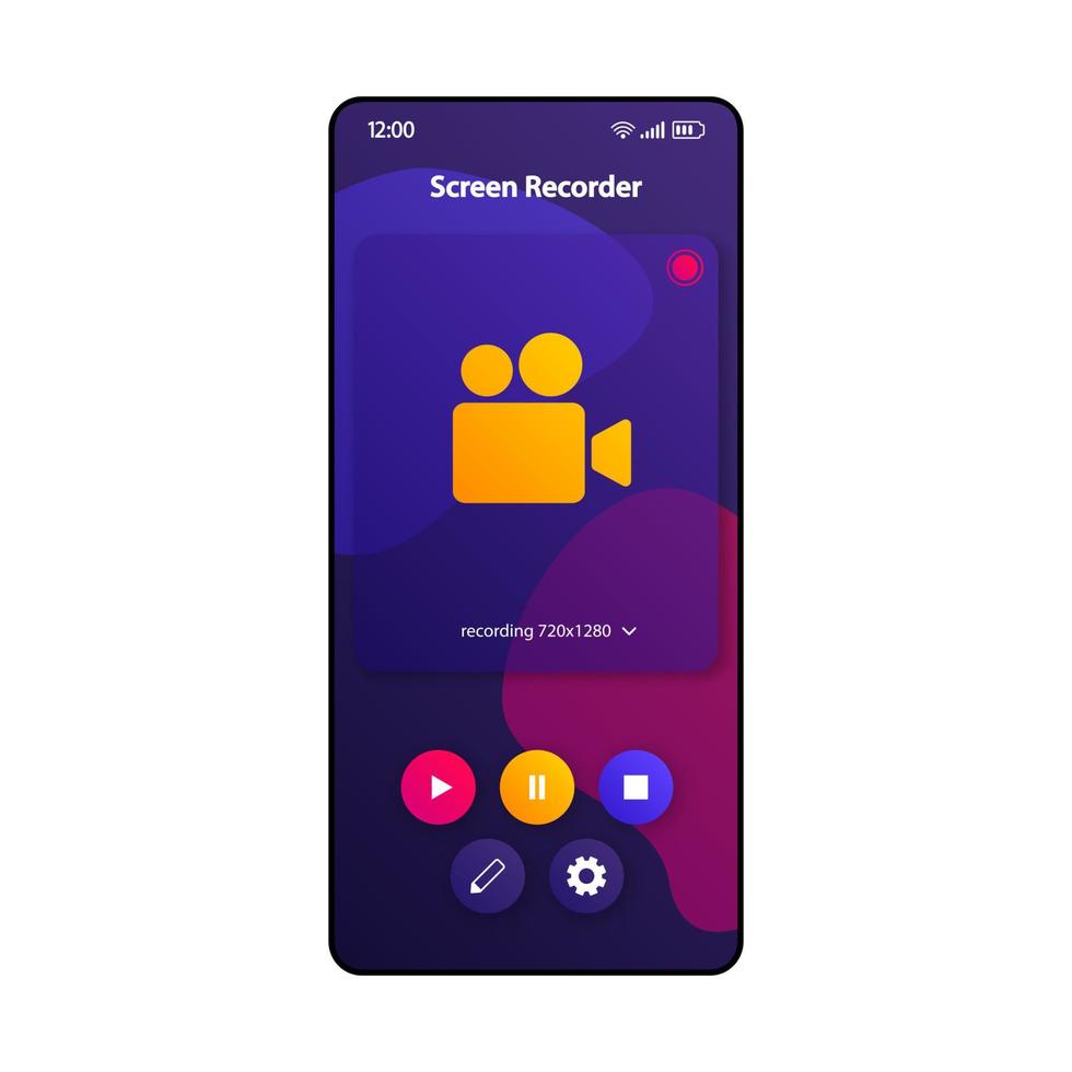 modelo de vetor de interface de smartphone de software de gravação de tela. layout de design de cor de página de aplicativo móvel. tela da ferramenta de captura de tela. interface do usuário plana para aplicação. exibição do telefone de gravação de vídeo