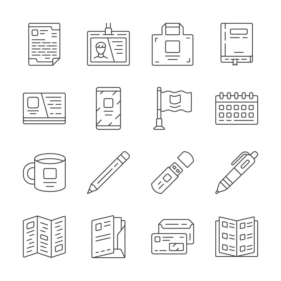 conjunto de ícones lineares de equipamento de escritório. ferramentas de negócios símbolos de contorno de linha fina. trabalhador da empresa, acessórios de empresário isolado ilustrações de contorno vetorial. caderno, crachá de funcionário. traço editável vetor