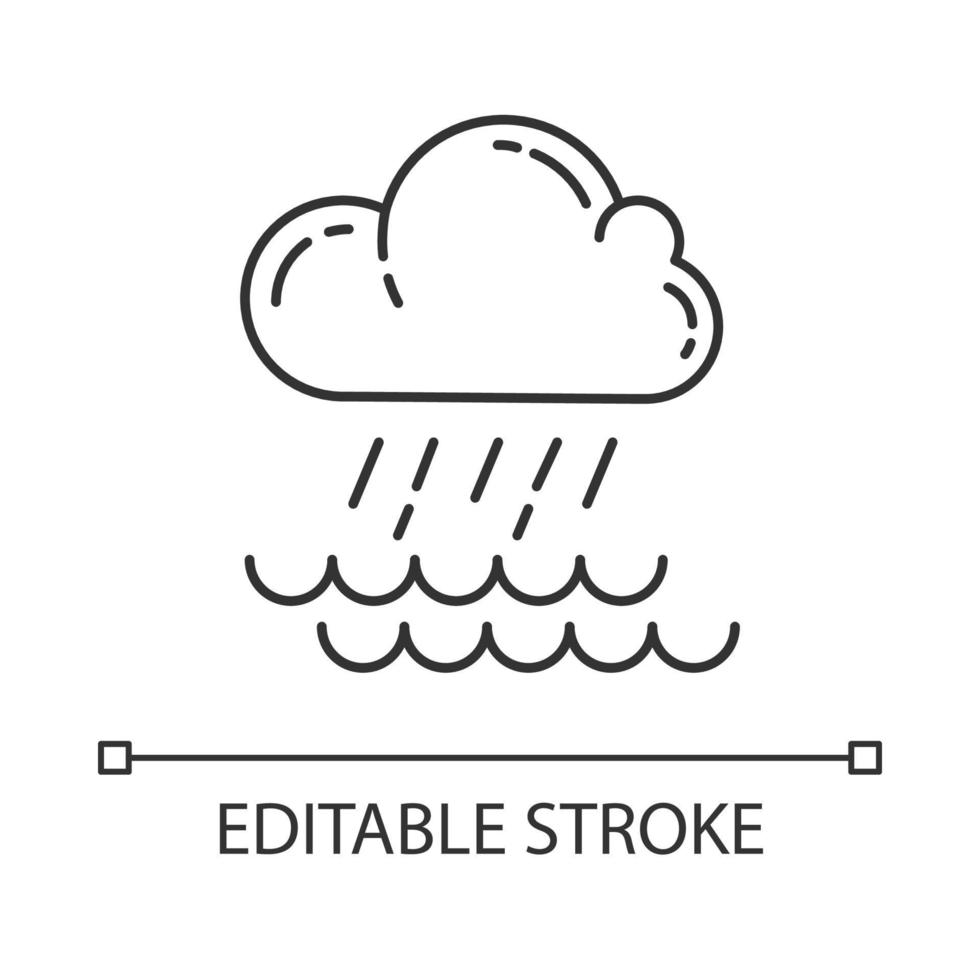 ícone linear de chuva. nuvem, chuva forte, água de entrada. tempestade. chuva sobre a água. temporada de monções. ilustração de linha fina. símbolo de contorno. desenho de contorno isolado de vetor. traço editável vetor