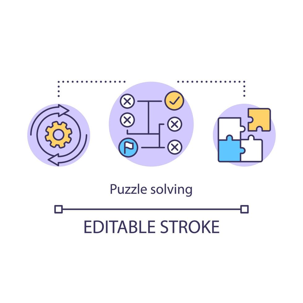 ícone do conceito de resolução de quebra-cabeças. ilustração de linha fina da ideia do algoritmo do jogo. quebra-cabeça. procurando solução. pensamento racional e lógico. desenho de contorno isolado do vetor. curso editável vetor