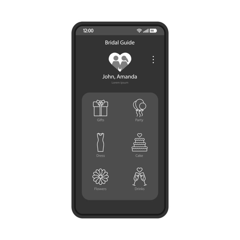 modelo de vetor de interface de aplicativo de smartphone de serviço de planejamento de casamento. layout de design preto de interface de aplicativo móvel. tela do site de celebração de casamento. guia de noivas. interface plana. visor do telefone