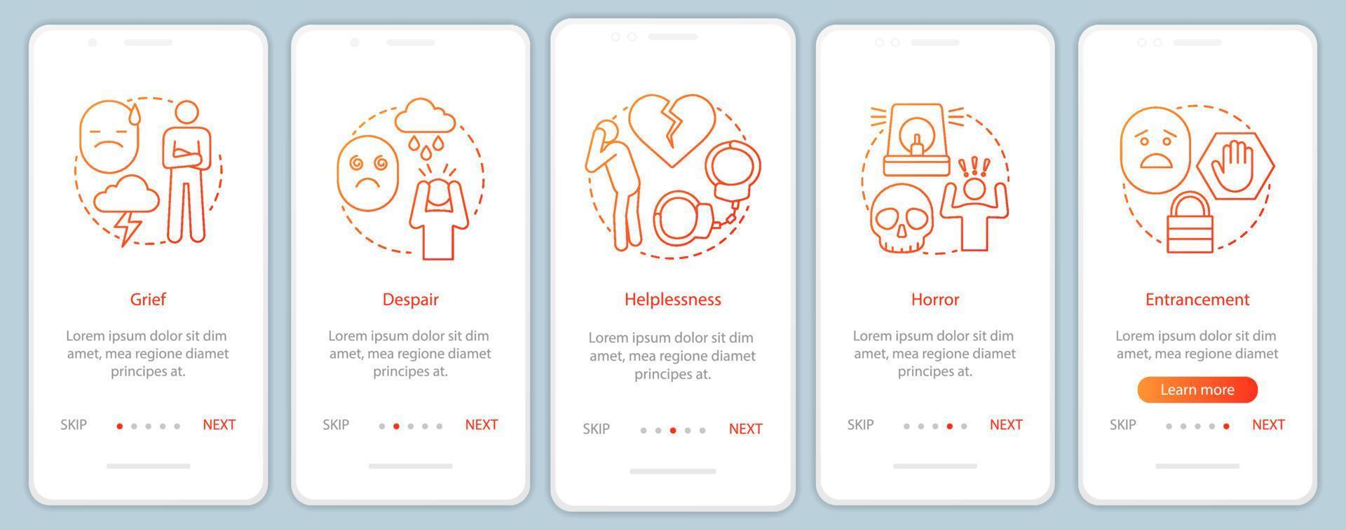 ressentimentos na tela da página do aplicativo móvel com conceitos lineares. dor, desespero, desamparo, horror passo a passo instruções gráficas. ux, ui, modelo de vetor gui com ilustrações