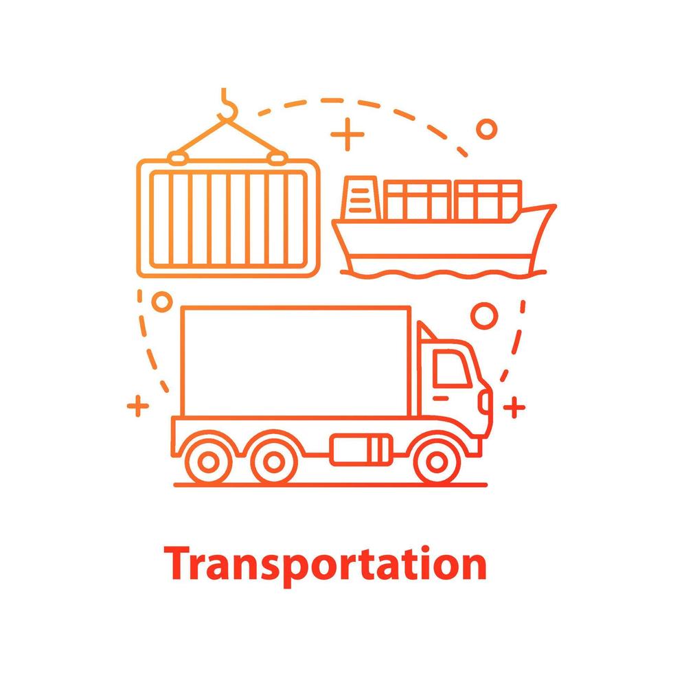 ícone do conceito de transporte. deuses distribuindo. ilustração de linha fina de idéia de transporte de carga. logística e distribuição. serviço de entrega. transporte terrestre e aquático. desenho de contorno isolado de vetor