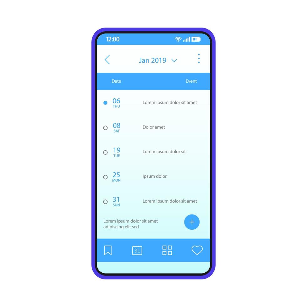 modelo de vetor de interface de aplicativo de smartphone de lembrete. layout de design azul de página de aplicativo de calendário móvel. tela de planejador de reunião digital. organizador pessoal. interface plana. visor do telefone