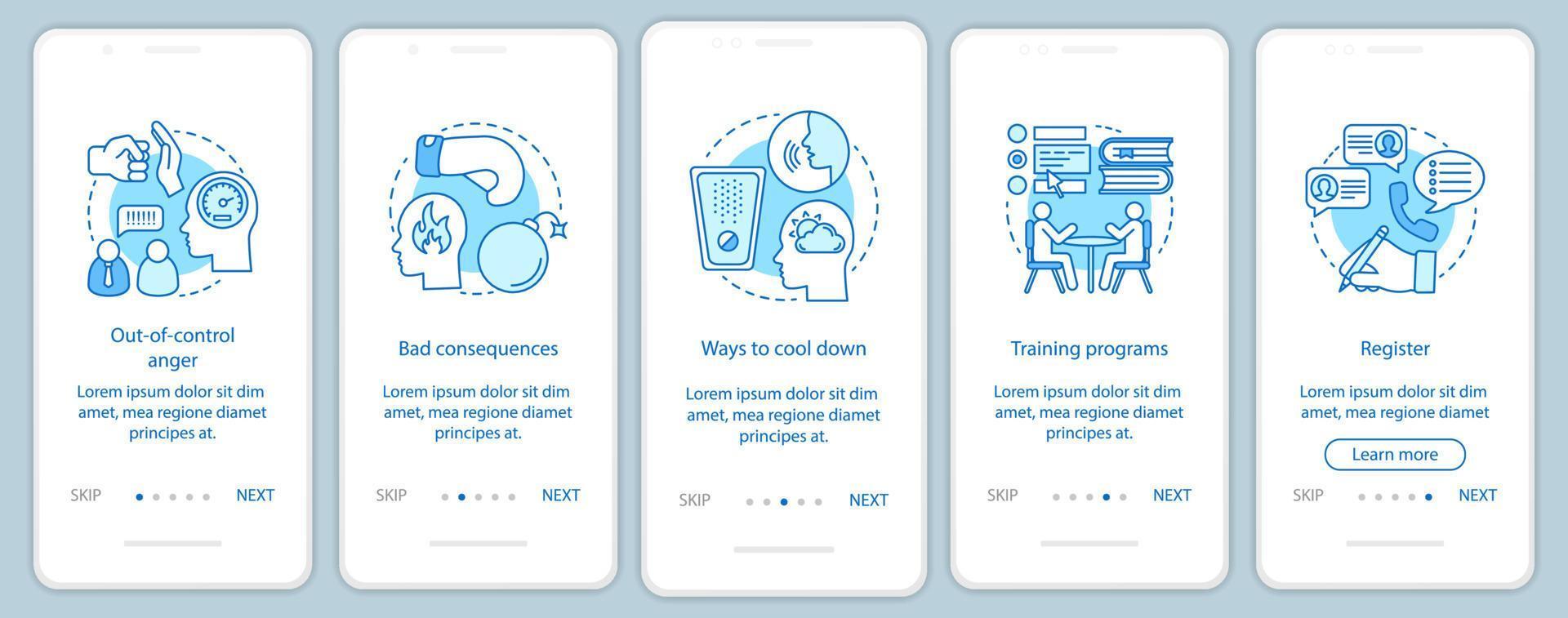 modelo de vetor de tela de página de aplicativo móvel de integração de gerenciamento de raiva. raiva descontrolada, maneiras de esfriar. Passo a passo do site com ilustrações lineares. ux, ui, gui conceito de interface de smartphone