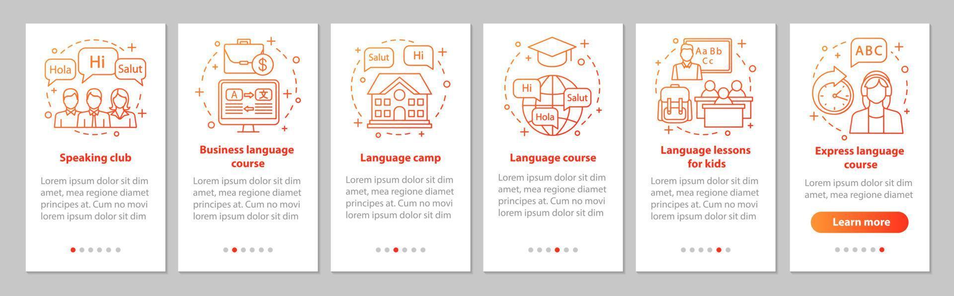 modelo de vetor de tela de página de aplicativo móvel de aprendizagem de idiomas. cursos expressos, acampamento de verão, aulas para crianças, negócios, passo a passo do clube de palestras. ux, ui, interface de smartphone gui