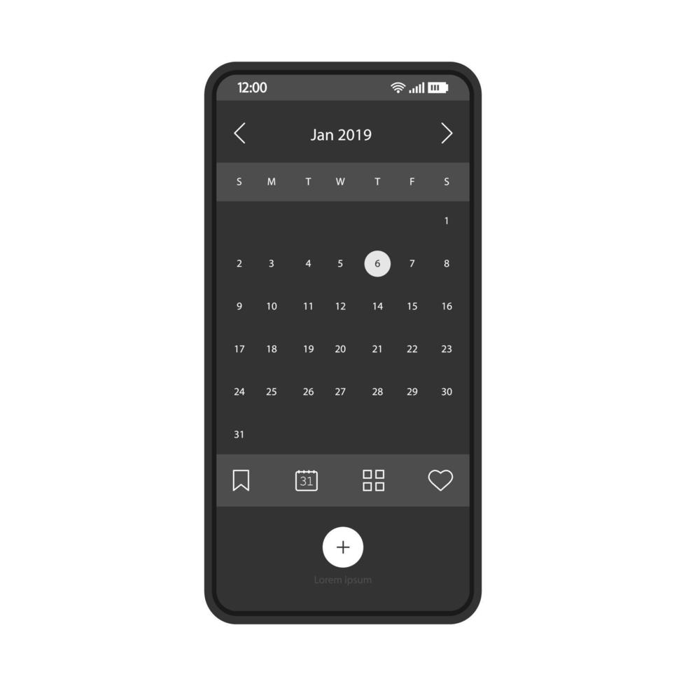 modelo de vetor de interface de aplicativo de smartphone de calendário. layout de design de página de aplicativo de lembrete móvel preto. organizador digital, tela do planejador de compromissos. interface plana. visor do telefone