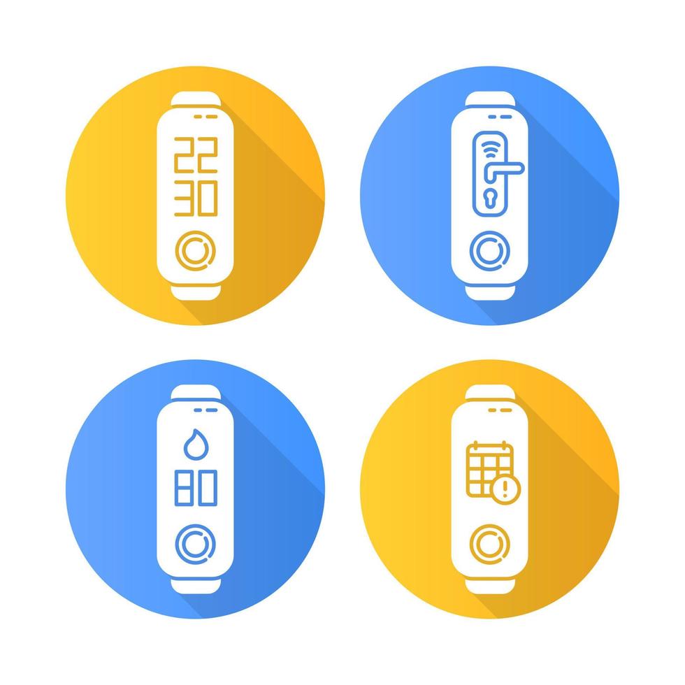 notificações de rastreador de fitness design plano conjunto de ícones de glifo de sombra longa. dispositivo de bem-estar com relógio e controle de umidade. gadget com calendário digital e pictograma de porta. ilustração em vetor silhueta