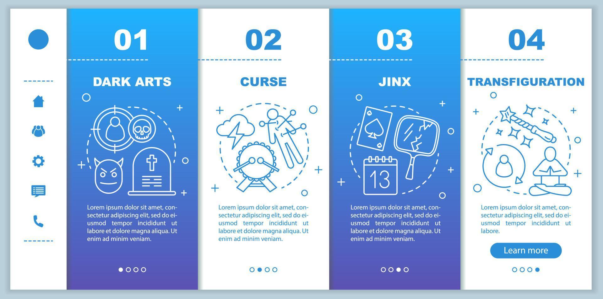 modelo de vetor de páginas da web móvel de integração de magia negra. maldição, ideia de interface de site de smartphone responsivo jinx com ilustrações lineares. telas passo a passo da página da web. conceito de cor