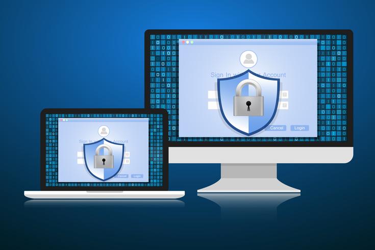 Conceito é segurança de dados. Escudo no computador ou Labtop proteger dados sensíveis. Segurança da Internet. Ilustração vetorial. vetor