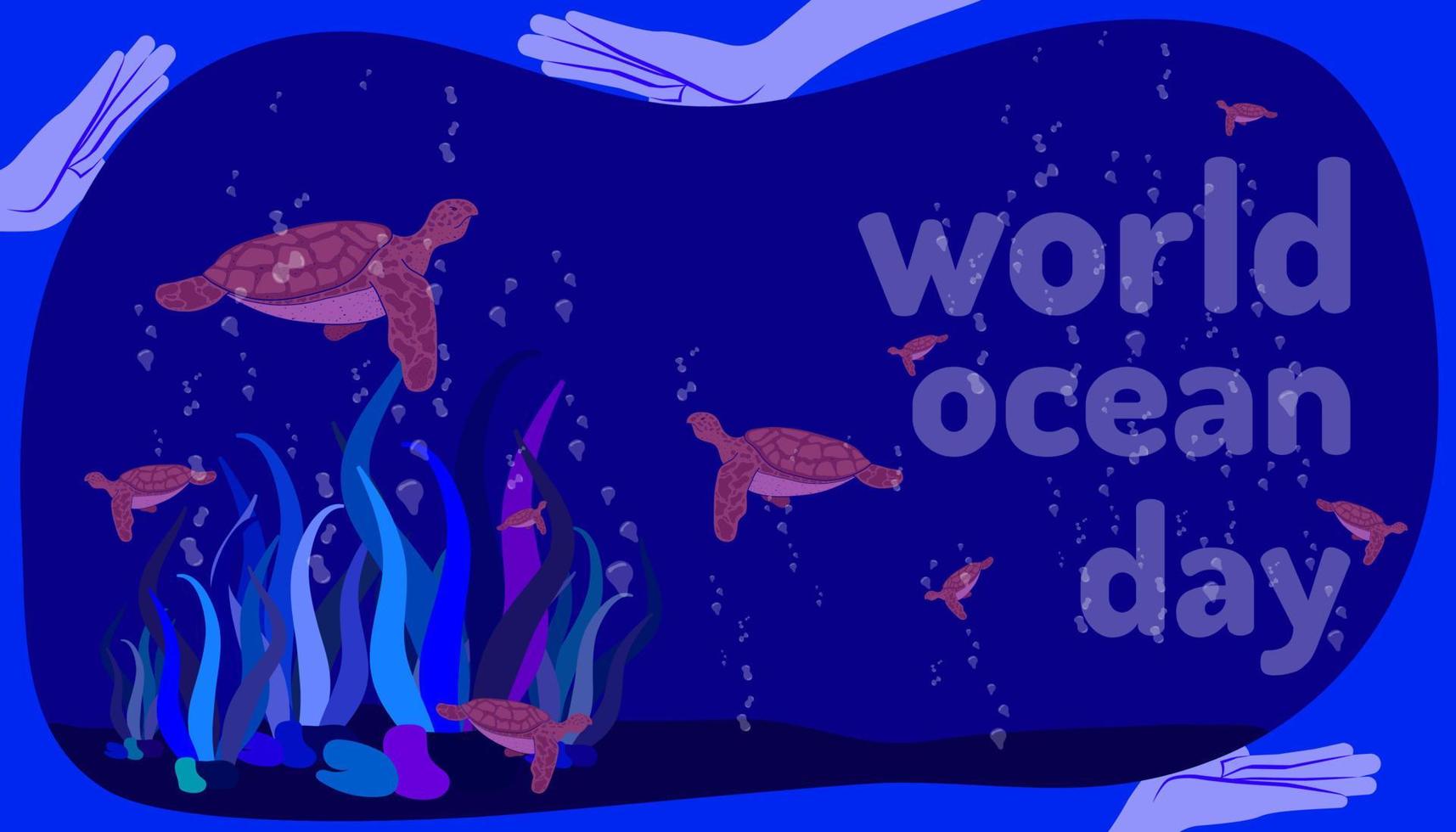 dia mundial do oceano. mão humana segurando a vida da tartaruga de ajuda. doodle mão desenho estilo de design colorido. ilustração vetorial eps10 vetor