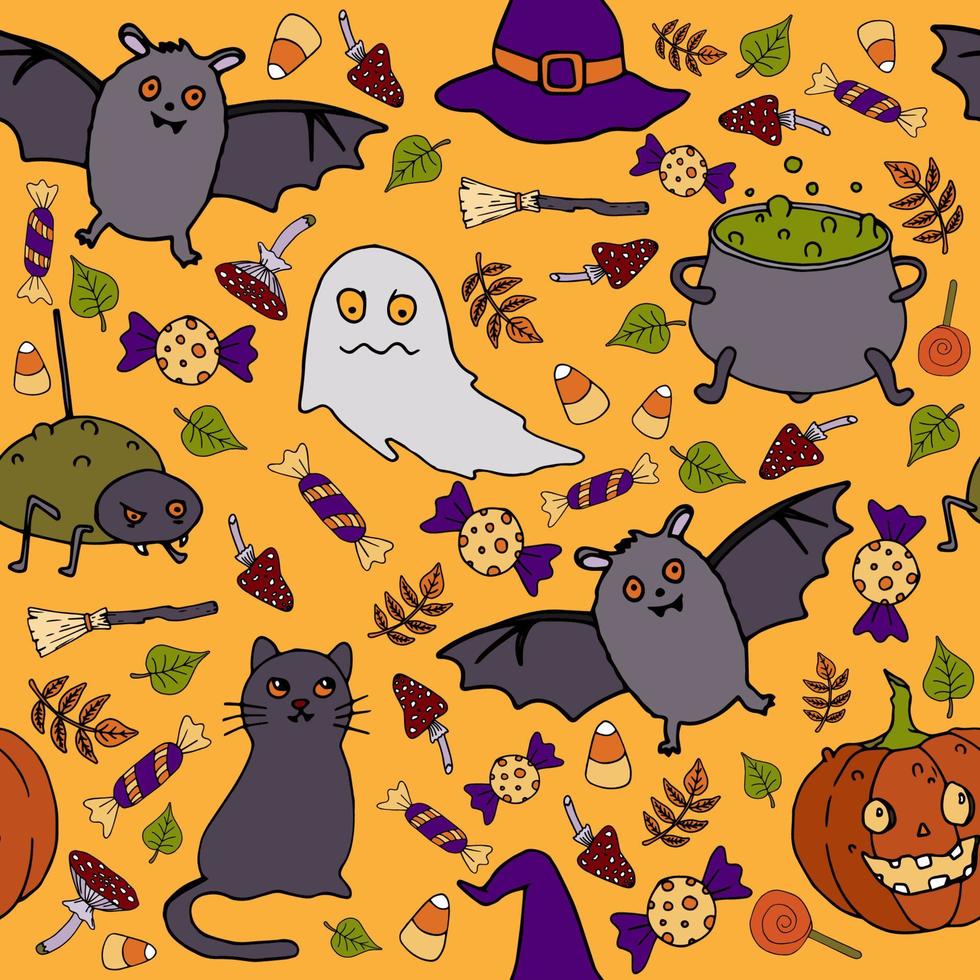 padrão sem emenda de vetor de halloween. fantasma, vassoura, gato, morcego, fundo de chapéu. textura colorida de férias para embrulho, papel de parede, têxtil, scrapbooking. ilustração vetorial desenhada à mão em estilo doodle