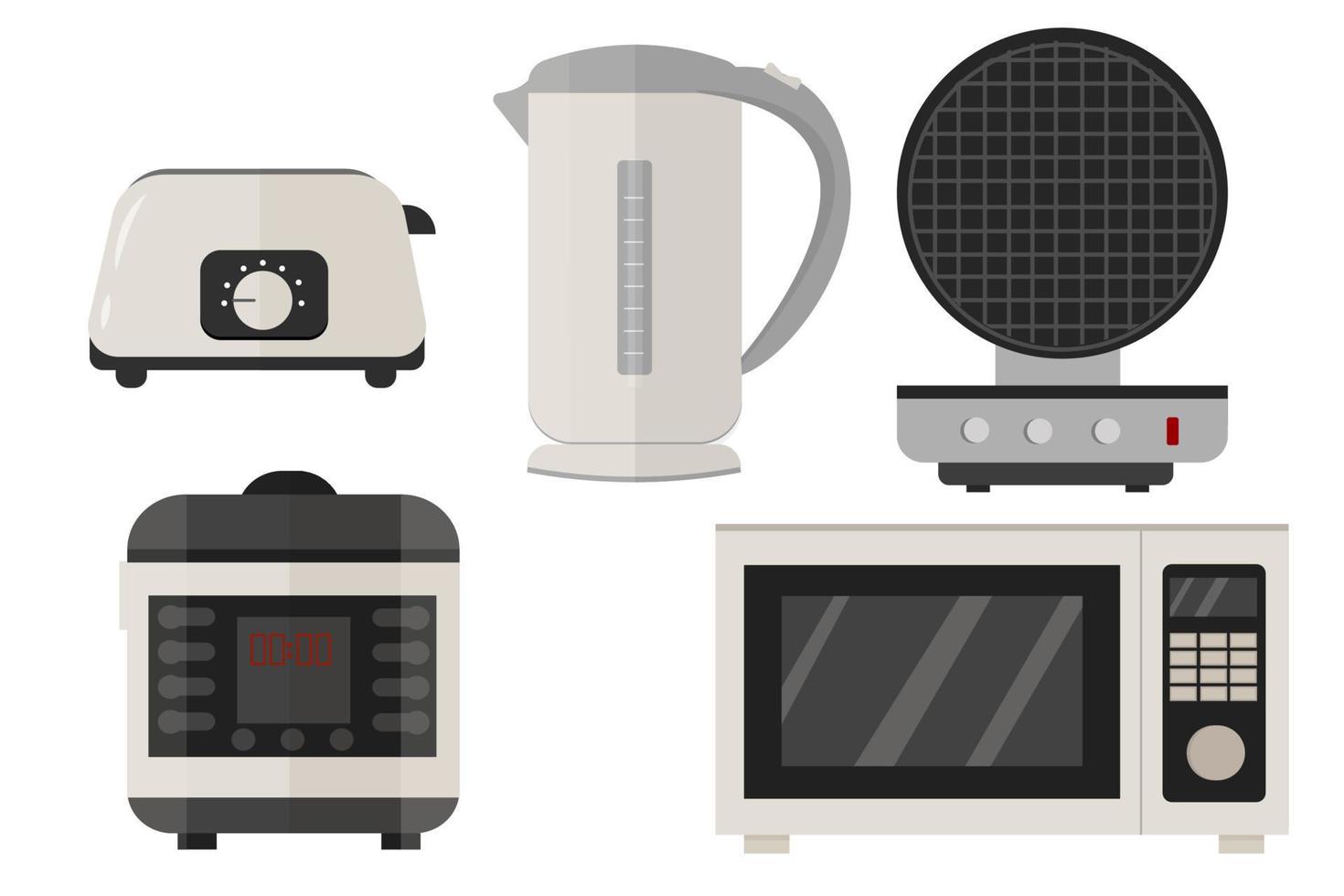 fogão lento, chaleira elétrica, torradeira, microondas, ferro de waffle definido em design vetorial. ilustração gráfica de equipamentos de cozinha nas cores cinza, isoladas no fundo branco. vetor