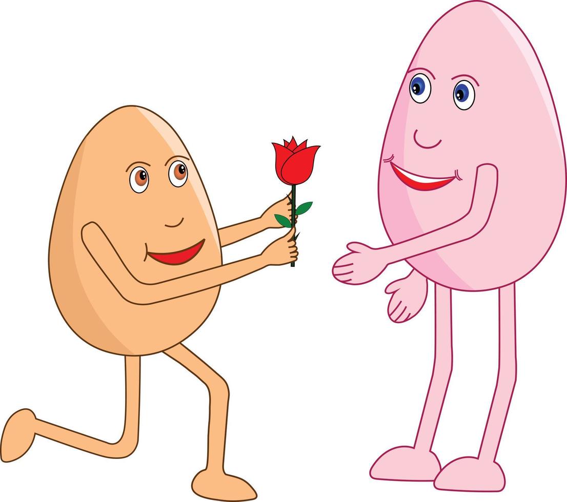 desenho de ovo romântico de joelhos dando uma rosa para seu lindo dia dos namorados no dia da rosa. ilustração vetorial. vetor