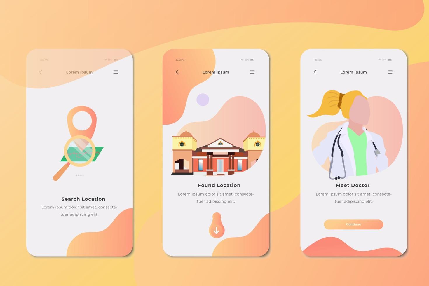 kit de interface de usuário de telas de integração. interface de usuário moderna ux, modelo de tela de interface do usuário para smartphone móvel ou site responsivo. Pesquisar hospital e conhecer o tema médico. ilustração vetorial - vetor